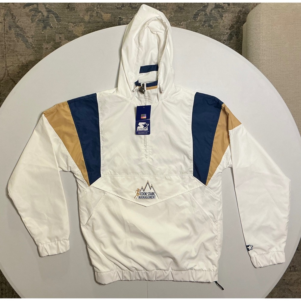 VTG 90s Starter Mens 1/4 Zip Windbreaker Jacket White Navy Tan Colorblock M NWT